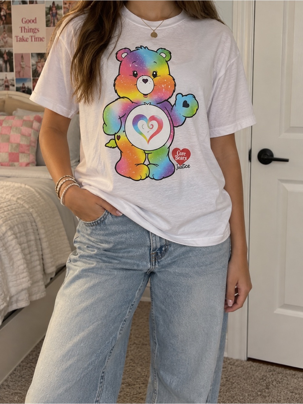 Care Bears x Justice Rainbow Graphic T-Shirt Girls XL 16/18 Y2K Colorful Tee